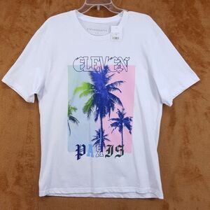 ELEVEN PARIS Shirt Mens Large White Pullover Graphic Palm Trees Tropical T-Shirt
